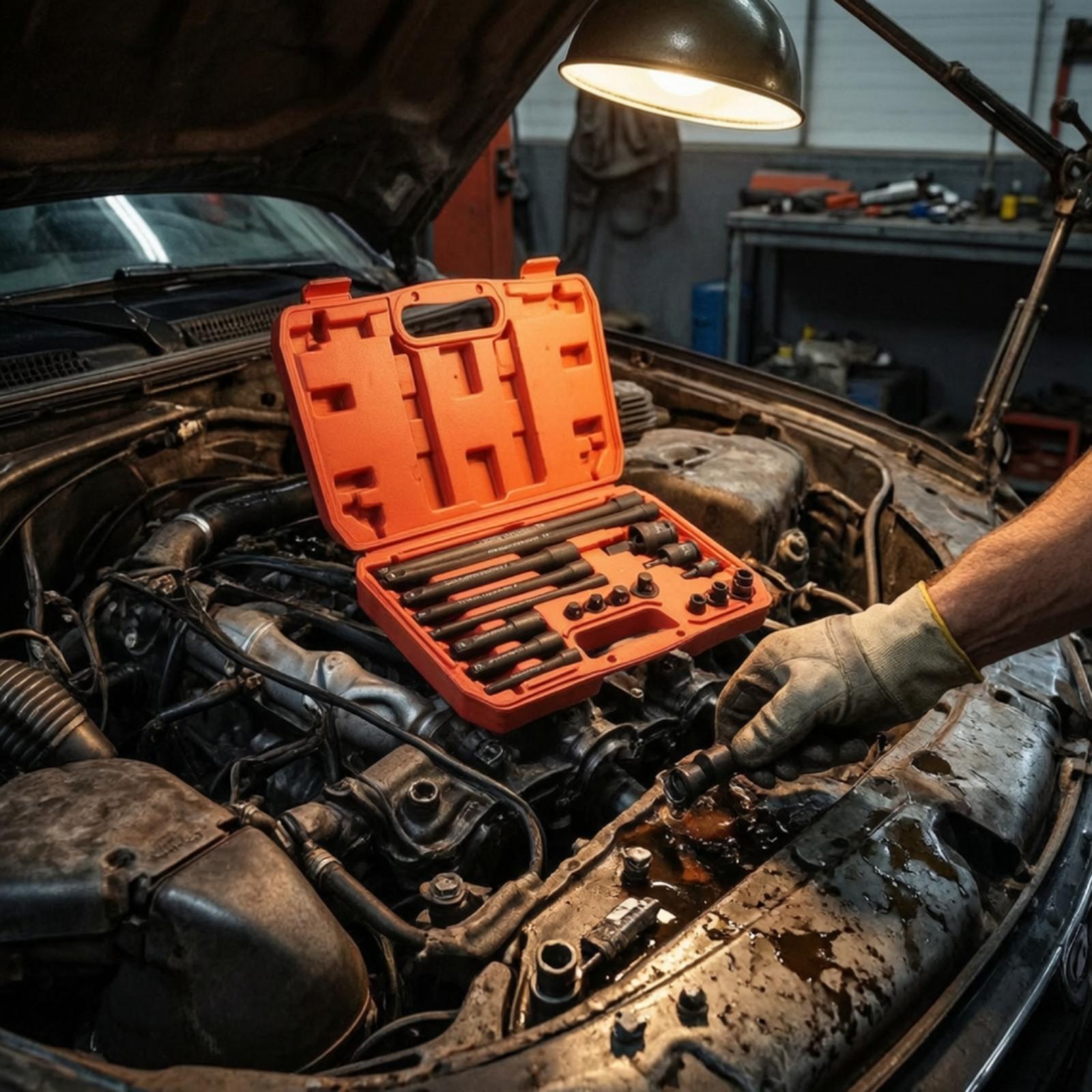 Automotive Tools - ชุดประแจกระแทก 18 ชิ้น พร้อมก้านต่อขยาย ข้อต่ออเนกประสงค์ และกล่องเก็บสำหรับชุดเครื่องมือช่างยนต์ในโรงรถ