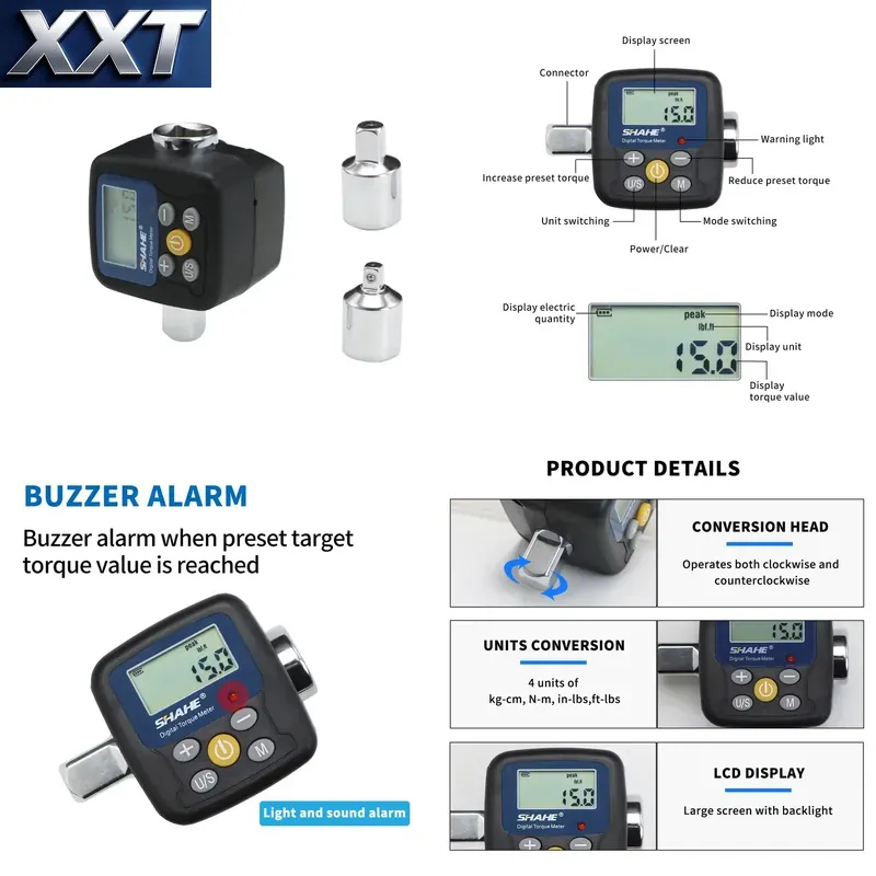 Torque Wrench - XXT Shahe ดิจิตอลทอร์คเวย์ช อะแดปเตอร์เครื่องมือวัดแรงบิดอิเล็กทรอนิกส์ มาพร้อมอะแดปเตอร์สำหรับยานยนต์, จักรยาน,